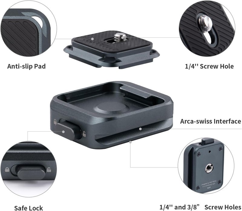 PGYTECH Quick Release Plate Clamp, with 1/4" and 3/8" Threaded Holes, Arca Swiss Interface, Suitable for Photo Cameras, Tripods, Gimbals (Arca-Type Plate*2 +Clamp) - Image 3